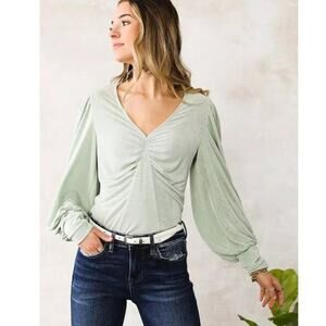 Willow Root Mint Green Ruched Long Sleeve Top Women’s XL Peasant Boho Office
